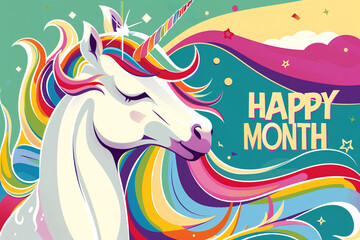 Unicorn illustration with rainbow hair with billboard that says Happy month. Pride month conceptual banner