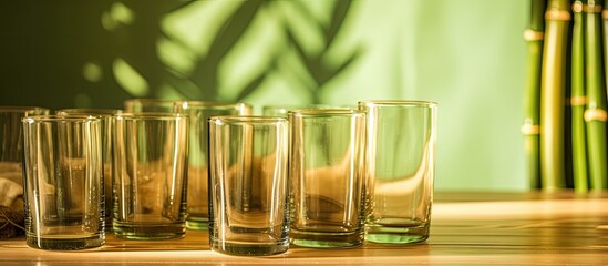 Four glasses on table with bamboo plant, bamboo glass eco product