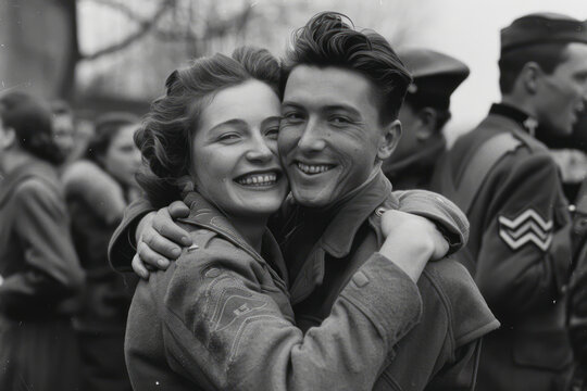 1945 Victory Celebration: Soldier's Emotional Reunion with Nurse Girlfriend Captured in Joyful Crowd Moments