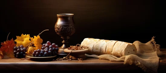 Schilderijen op glas Plate of grapes and bread on table © Ilgun