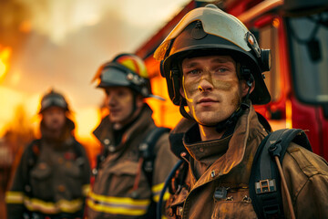 Three Firefighters Ready for Action by Fire Truck