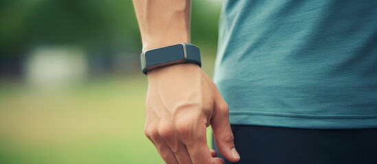 Person holding smartwatch, man with fitness tracker closeup view