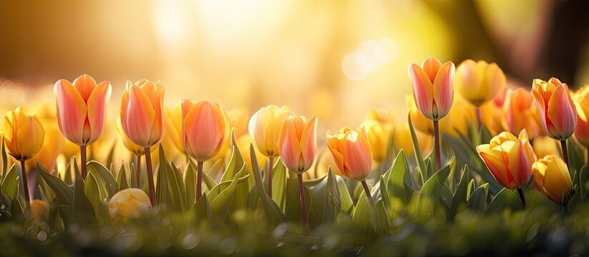 Field of red and yellow tulips basking in sunlight