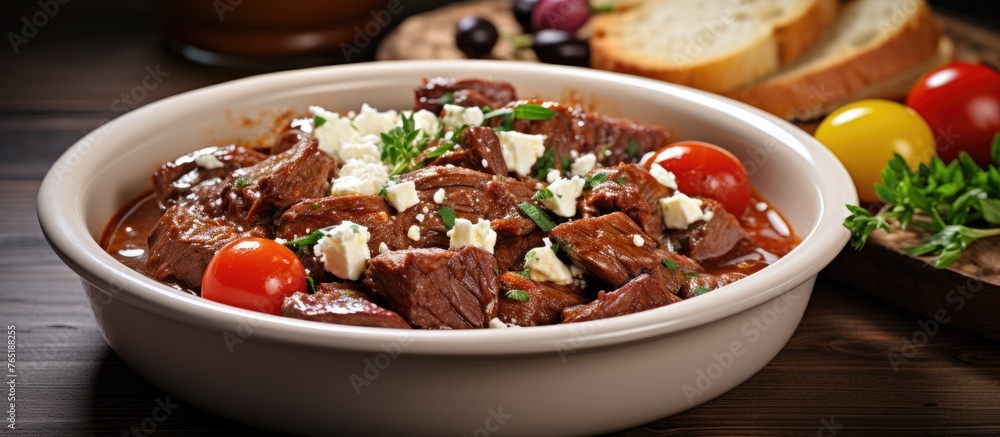 Poster Bowl of meat and tomato with bread