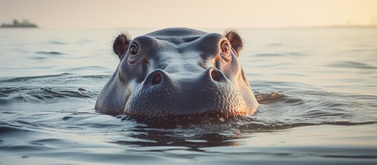 Hippo floating in river with head above water - obrazy, fototapety, plakaty