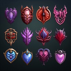 Illustration set of decorative shields with feathers and hearts on dark background