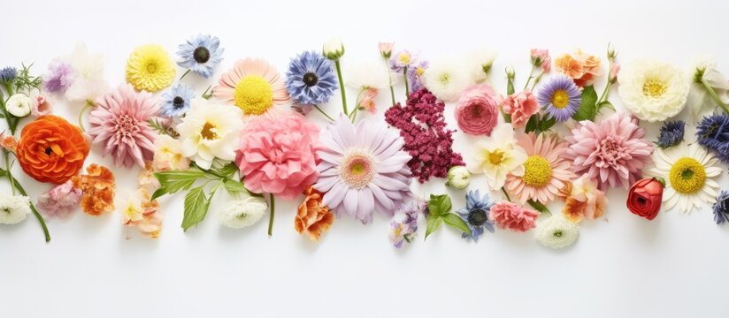 Various flowers in a line on white surface