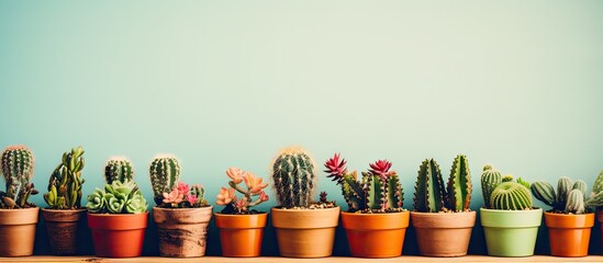A row of cactus plants in pots on a wooden table - obrazy, fototapety, plakaty