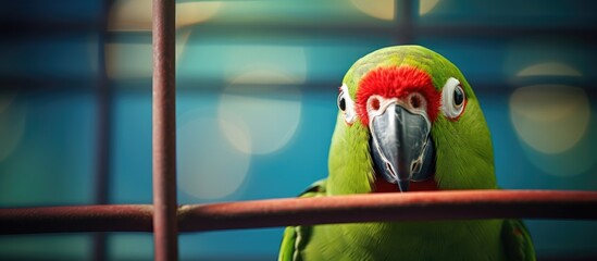 Green parrot in cage with red and green feathers - obrazy, fototapety, plakaty