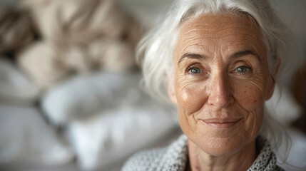 50 years old woman looking at the camera and smiling with a lot of compressionsocks in the background