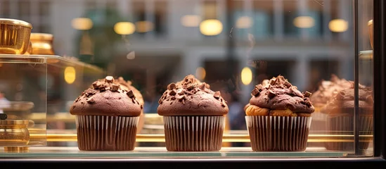 Fototapeten Three cupcakes displayed in glass case and chocolate muffins in cafe window © Ilgun