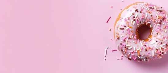 Donut with colorful sprinkles and pink frosting on pink surface - obrazy, fototapety, plakaty
