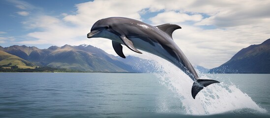 Dolphin leaping with mountains in background
