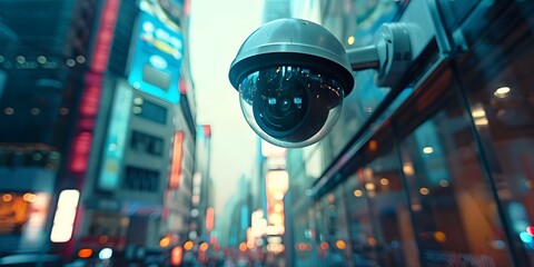 City surveillance camera with facial recognition technology monitoring urban activity in a public space. Concept Privacy Concerns, Technology Surveillance, Urban Security, Facial Recognition - obrazy, fototapety, plakaty