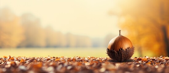 Brown acorn seed on the ground among autumn leaves