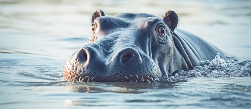 A large hippo in the water with its head above the surface