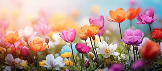 Fotobehang Vibrant tulips in a field under a clear sky © Ilgun