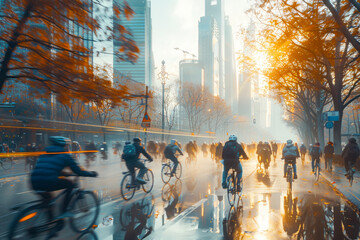 Urban Cyclists: Morning Commute in a Carbon Neutral Cityscape with Skyscrapers in Motion Blur - obrazy, fototapety, plakaty