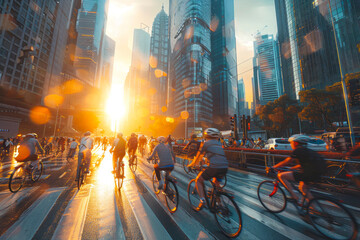Urban Cyclists: Blurring Through City Streets for a Carbon Neutral Morning Commute - obrazy, fototapety, plakaty