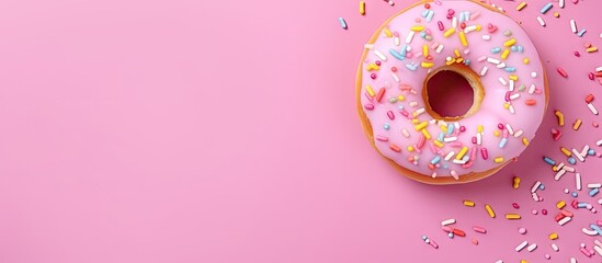 Close-up of a sprinkle donut on pink background - obrazy, fototapety, plakaty