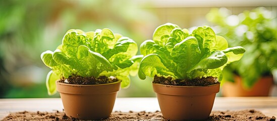 Two plant pots on a table, lettuce growing at home in planters - obrazy, fototapety, plakaty