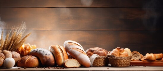 A variety of baked bread and pastries on a table - obrazy, fototapety, plakaty