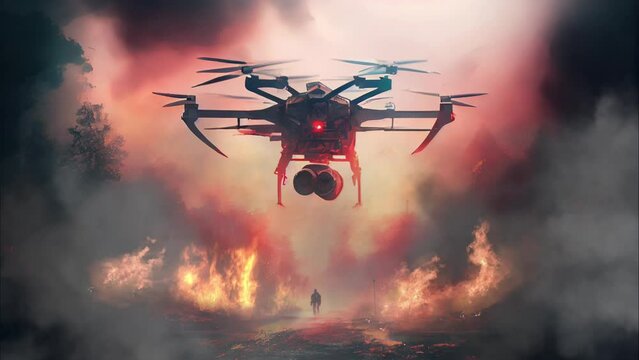 Drone over destroyed post-apocalyptic city background
