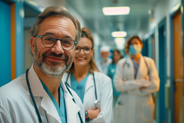Cheerful medical team in hospital hallway, group portrait of happy doctors