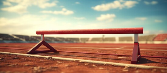 Red bench on track with hurdle rack under sky
