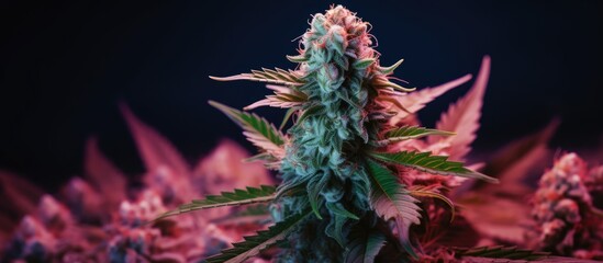 Close up of marijuana plant against dark backdrop