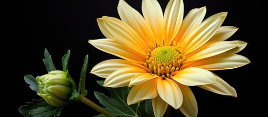 Beautiful yellow flower and green leaves on dark backdrop