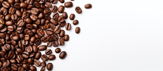 Close-up of coffee beans on white surface - obrazy, fototapety, plakaty