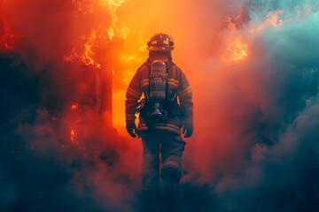 Brave firefighter emerging from burning building in full gear against dark smoky backdrop