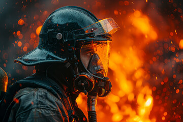 Brave firefighter in full gear saves the day by extinguishing a blazing building - obrazy, fototapety, plakaty