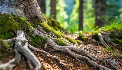 Fototapeta premium Close-up of forest floor with big tree trunk roots. Beautiful nature. Spring or summer season. Blurred forest