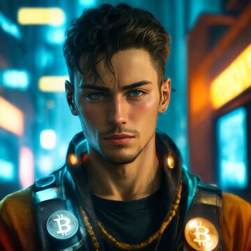 Amidst a neon metropolis, a cryptocurrency aficionado exudes confidence, his attire signaling a blend of fashion and digital fluency. His gaze is as sharp as his investment acumen.