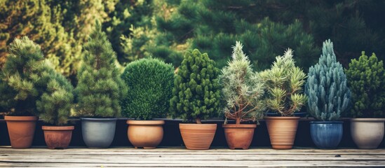 A row of potted plants on a wooden deck - obrazy, fototapety, plakaty