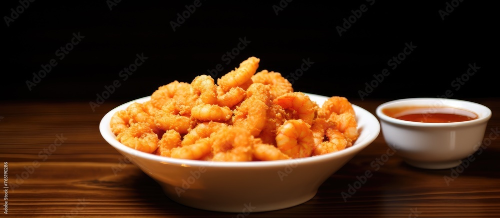 Poster Bowl of fried food with sauce and delecious dynamite shrimp on table