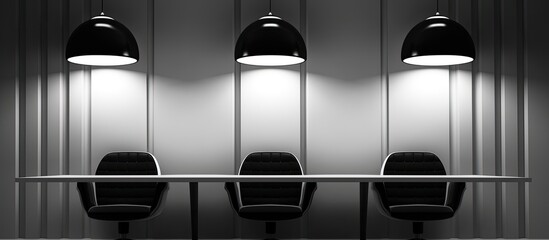 Fototapeta premium Monochrome photo of a conference room with a rectangular table and chairs in a symmetrical layout. The ceiling has a unique font design. The room features automotive lighting and gas tints