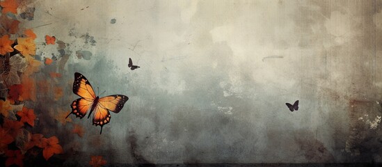 Butterflies flutter near a weathered wall