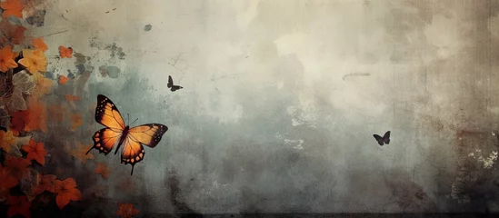 Fotobehang Grunge vlinders Butterflies flutter near a weathered wall
