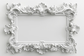 Surreal White Baroque Frame: 3D Rendered Slim Design for Text or Photo, Shadowless on White Background