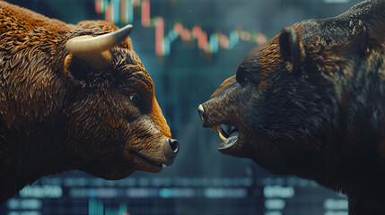 Stock Market Bull VS Bear on the Wall Street Aspect 16:9 - obrazy, fototapety, plakaty