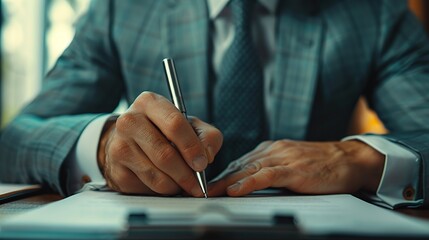 Close-up a businessman signing contract investment professional document agreement with ballpoint pen.