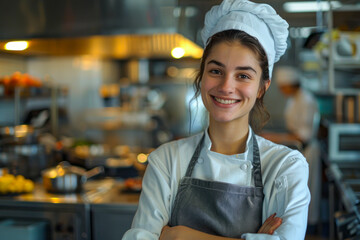 Smiling young female chef in apron and chef's hat, arms crossed, in restaurant kitchen