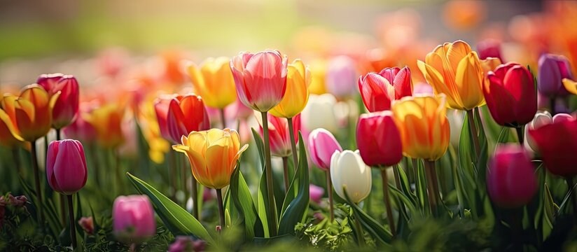 Vivid tulips in a lush field with colorful petals