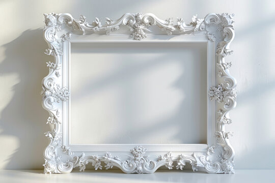 Whimsical 3D Rendering of Elegant White Baroque Frame on Surreal White Background - Perfect for Text or Photo Insertion!