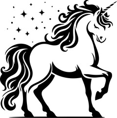 Obraz na płótnie Canvas Magic unicorn silhouette. Fantasy creature unicorn silhouette design. Vector illustration for print, banner, poster.