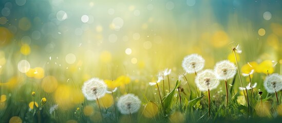 Dandelions scattered across a grassy field with blurred backdrop