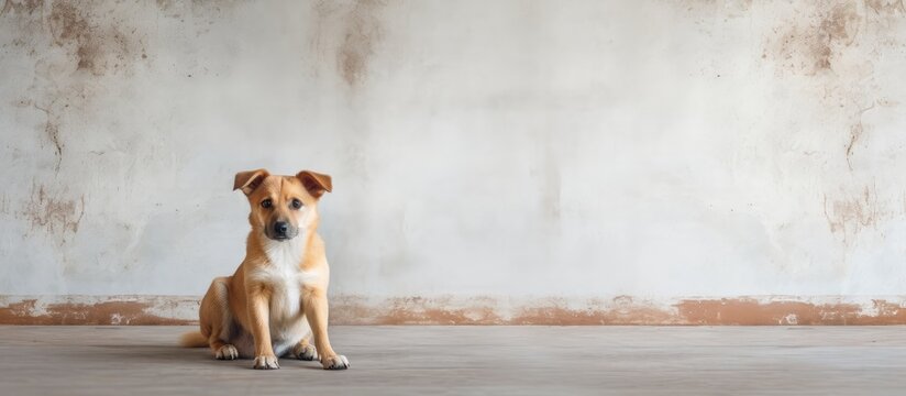 Dog sitting in front of a white wall